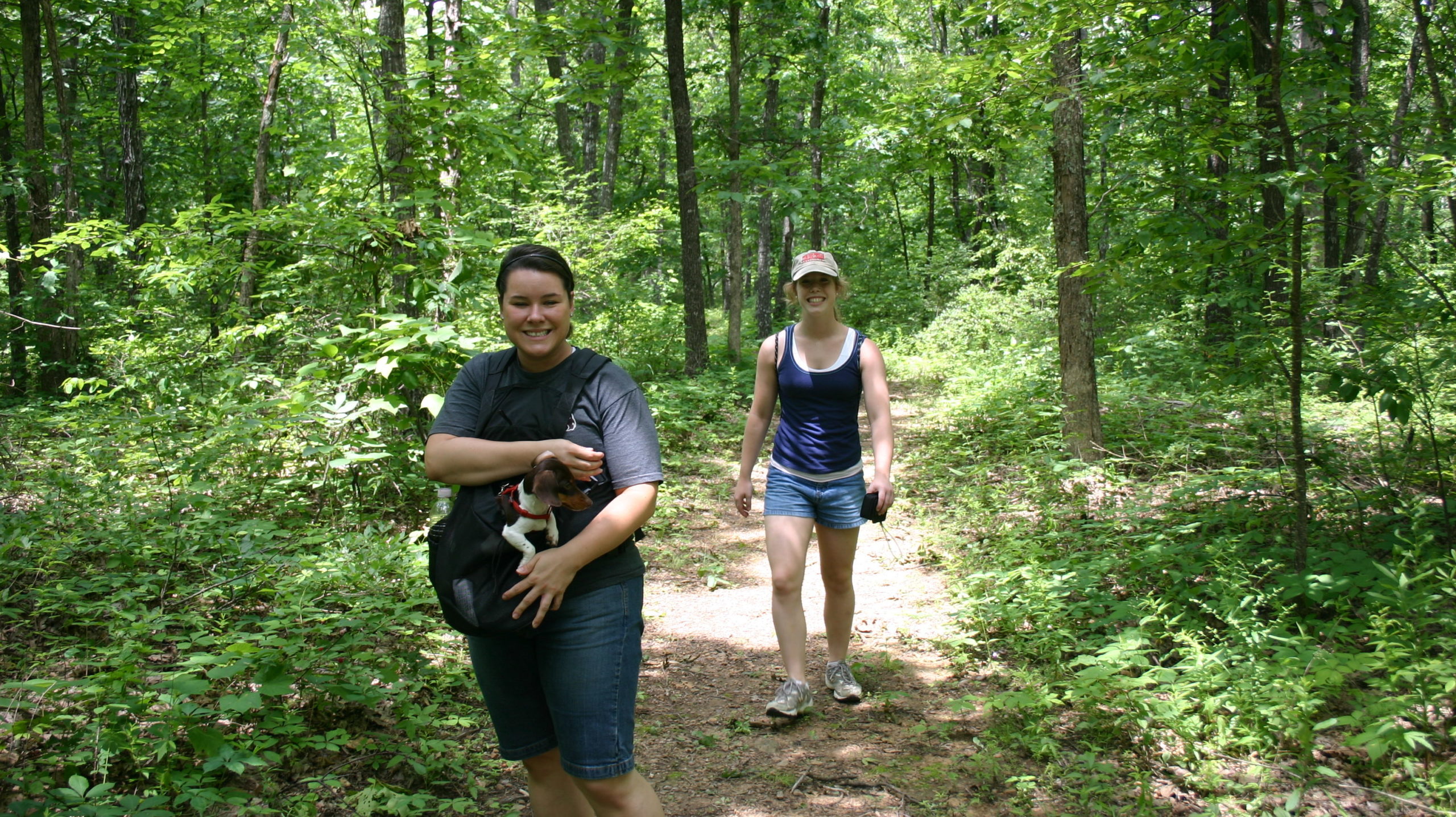 Two people hiking on a path in the woods with their dog