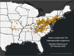 Map of the US showing counties where the asian longhorned tick is found.