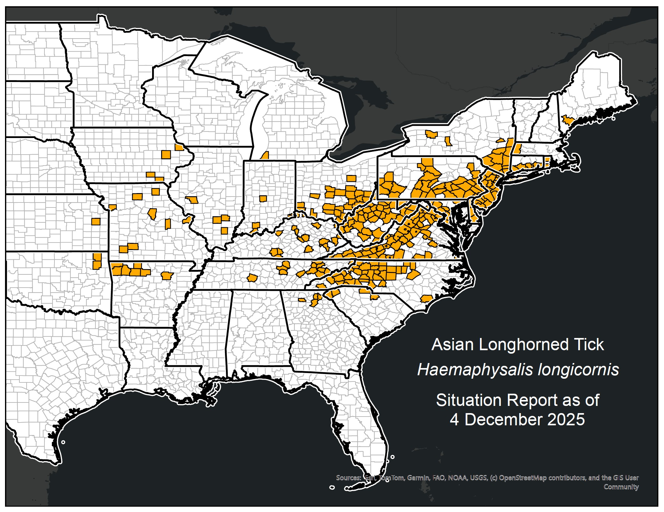 Us County Map of H. longicornis infestations